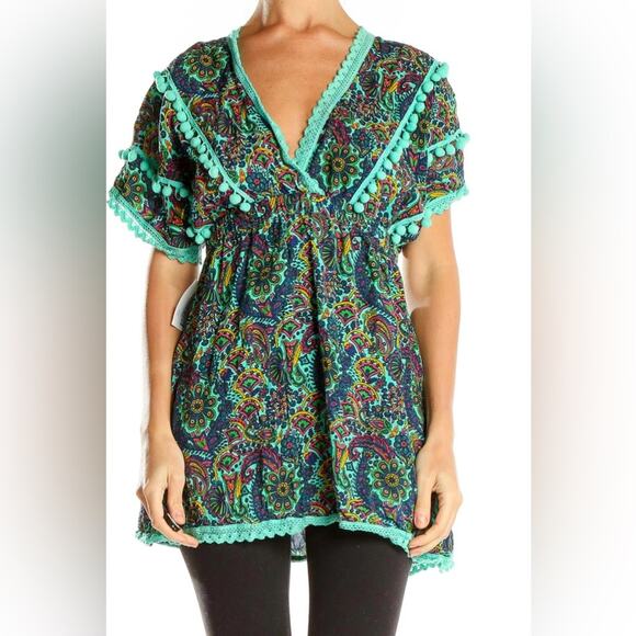America & Beyond Small Boho Tunic | Blue & Green Paisley Print - Picture 1 of 11
